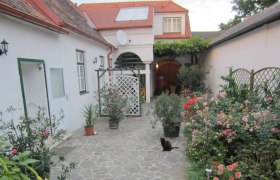 Urlaub am Weinbauernhof, © Familie Raab Innenhof eines Weinbauernhofs mit Blumen und einer schwarzen Katze.