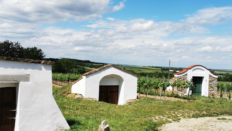Kellergasse Maulavern in Zellerndorf, © Weinstraße Weinviertel Weinkeller in Zellerndorf, umgeben von Weinbergen und blauem Himmel.