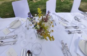 Tafeln im Weinviertel, © Weinviertel Tourismus GmbH Gedeckter Tisch mit Blumenstrauß vor Weinberg und Liegestühlen.