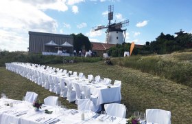 Tafeln im Weinviertel, © Weinviertel Tourismus GmbH Lange Tafel im Freien mit Windmühle im Hintergrund.