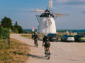 Radfahrer genie&szlig;en die sanfte Brise und die malerische Landschaft, w&auml;hrend sie an einem historischen Windm&uuml;hlen vorbeifahren. Die idyllische Umgebung l&auml;dt dazu ein, die Sch&ouml;nheit der Natur und die Ruhe der l&auml;ndlichen Gegend zu erleben.