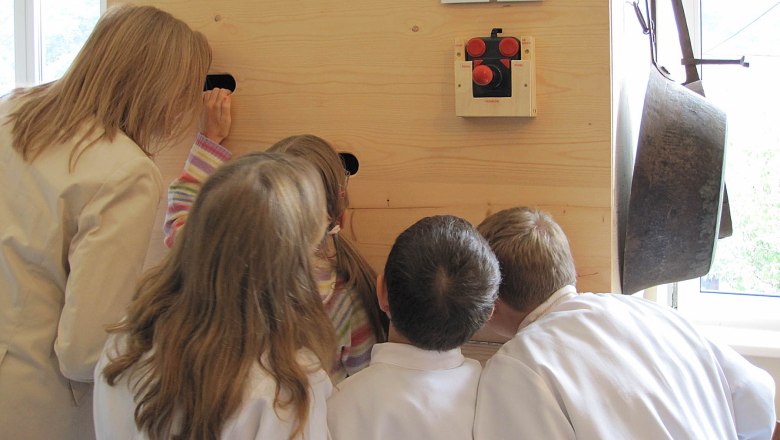 Gruppe von Kindern und einer Frau schauen durch Löcher in einer Holzwand.