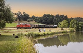 Ein roter Zug fährt an einem See vorbei, umgeben von grüner Landschaft und Bäumen. Menschen stehen am Ufer und beobachten den Zug.