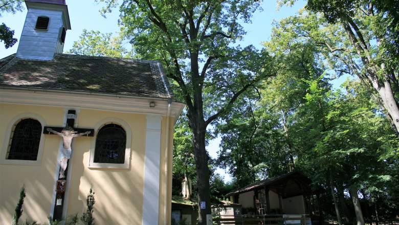 Eine kleine Kapelle im Wald mit einem Kruzifix an der Außenwand.