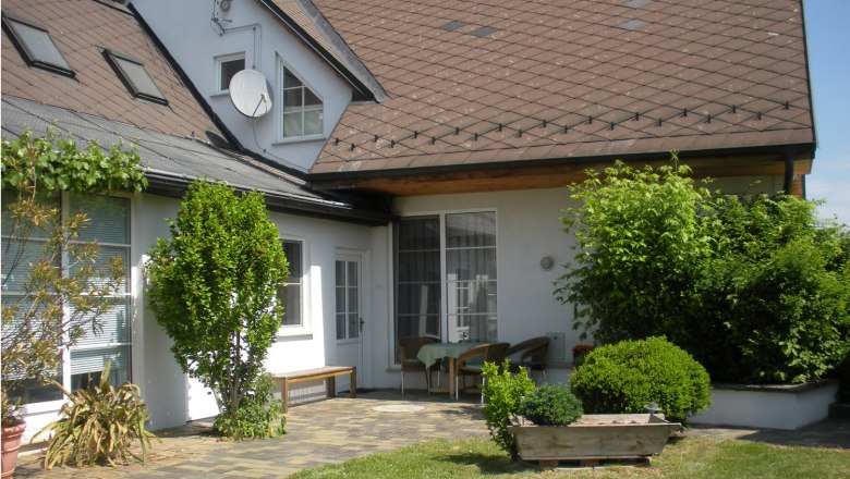 Ein gepflegter Innenhof mit Gartenm&ouml;beln, Pflanzen und einem gro&szlig;en Dach mit Dachfenstern.