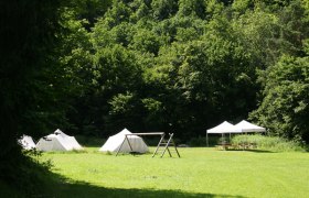 Zelte und Pavillon auf einer gr&uuml;nen Wiese vor einem Wald.