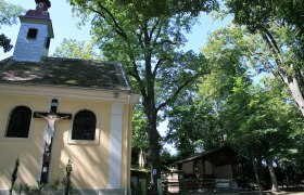 Eine kleine Kapelle im Wald mit einem Kruzifix an der Außenwand.