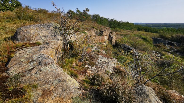 Felsige Landschaft mit spärlicher Vegetation und blauem Himmel.