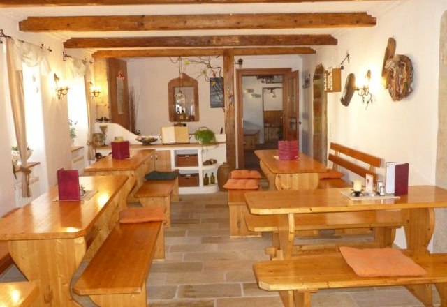 Innenansicht eines traditionellen Heurigen mit Holztischen und Bänken.