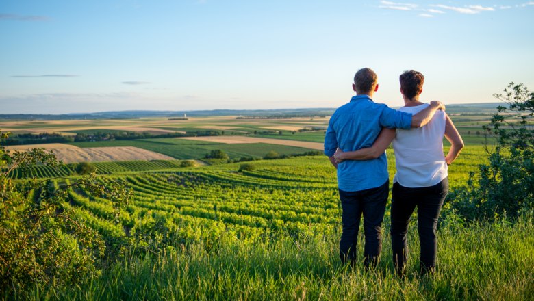 Ein Paar steht umarmt auf einem Hügel und blickt auf eine weite Weinlandschaft bei Sonnenuntergang.