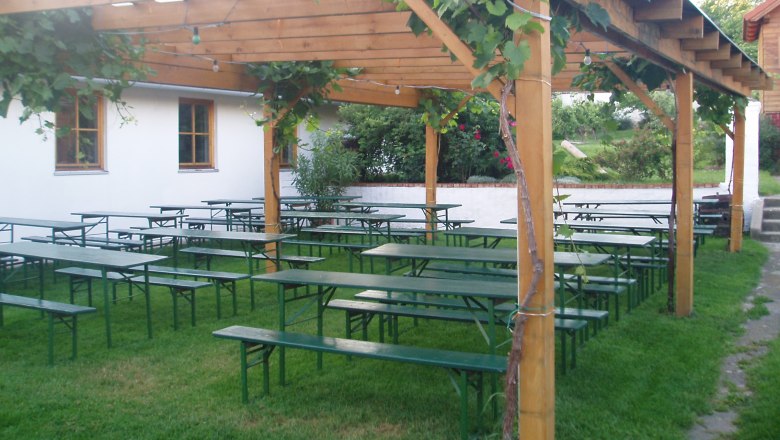 Ein Biergarten mit Holzbänken und Tischen unter einer Pergola mit Weinreben.
