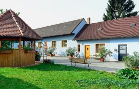 Ein idyllischer Hof mit einem Pavillon und einem blauen Geb&auml;ude mit roten D&auml;chern, umgeben von Pflanzen.