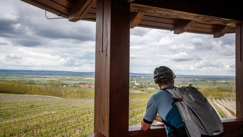 Person mit Fahrradhelm blickt von einem Holzpavillon auf Weinberge und Landschaft im Retzer Land.