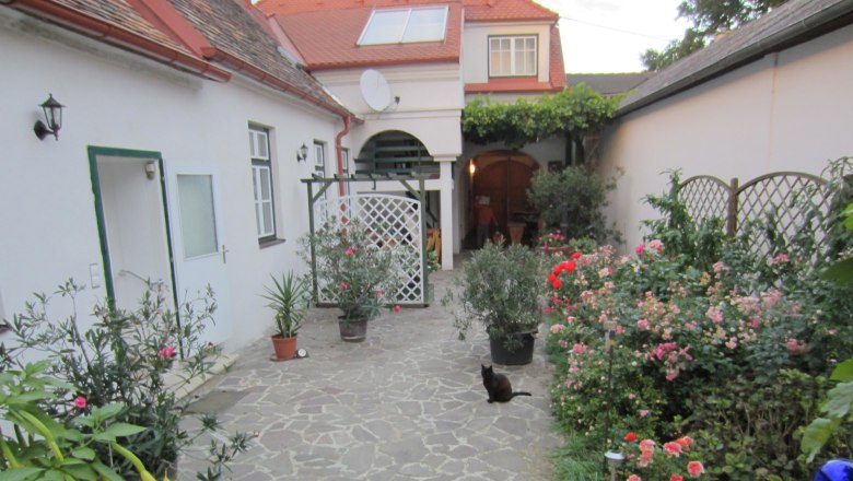 Innenhof eines Weinbauernhofs mit Blumen und einer schwarzen Katze.
