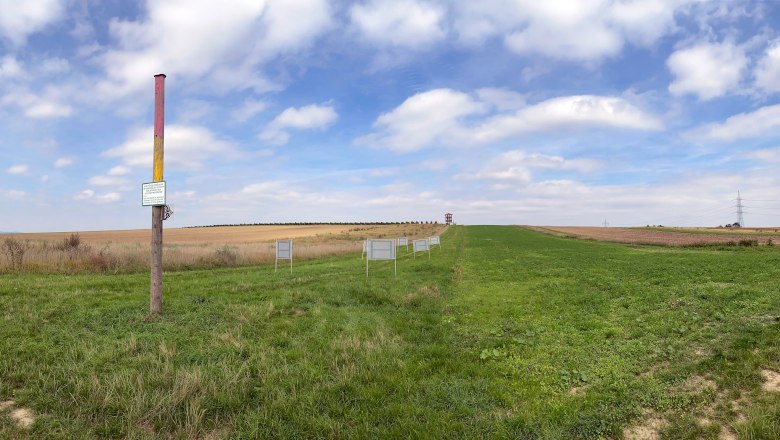 Weite Landschaft mit einem bunten Pfosten und mehreren Schildern auf einer Wiese unter blauem Himmel.