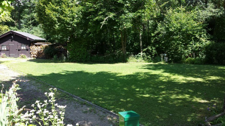 Gr&uuml;ne Wiese mit B&auml;umen und einer Holzh&uuml;tte im Hintergrund.